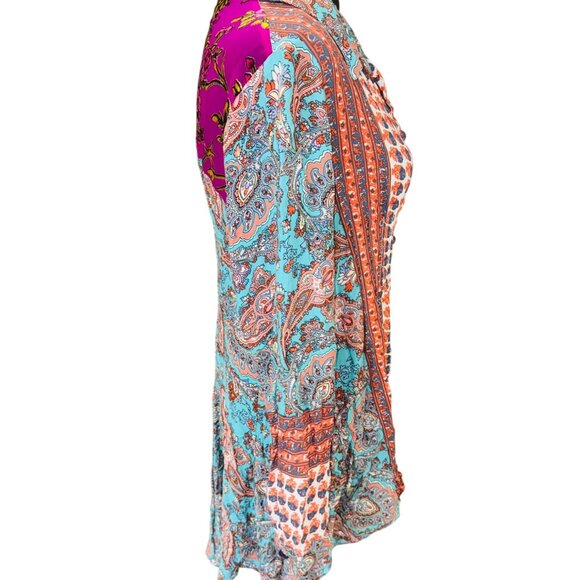 Anthropologie CYRENA Mixed Print Boho Button Front High Low LS Tunic Top L Artsy - Picture 5 of 9